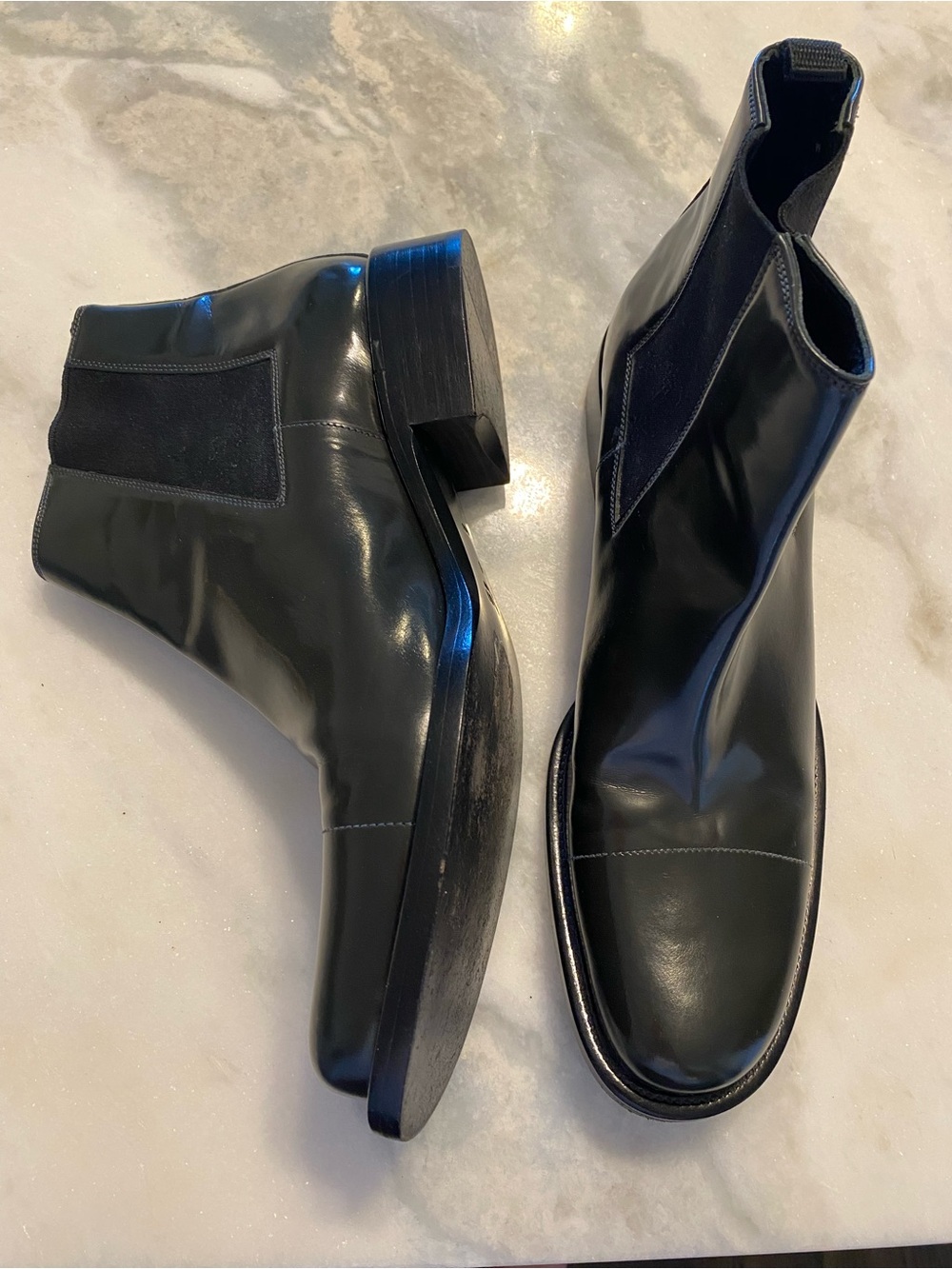 Authentic PRADA women’s Black Patent Leather Chelsea Boots, sz 40